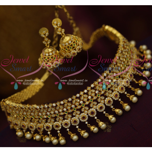 NL11527 Multi Colour Stylish Trendy AD Jewellery Choker Pearl Gold Caps Jhumka Earrings Even Width Design