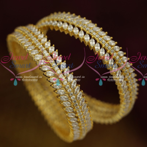 B11465 AD White Marquise Stones Leaf Design Broad Party Wear Bangles Shop Online