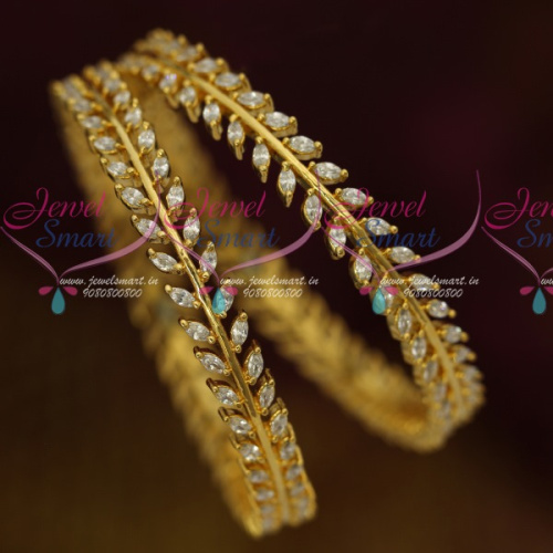 B11466 AD White Marquise Stones Leaf Design Party Wear Bangles Shop Online