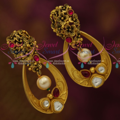 ER11437 Stylish Gold Look Trendy Fusion Jewellery Oval Earrings Antique Kundan Collections Online