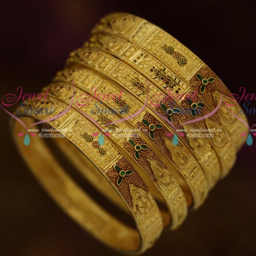 B11538 Flat Design 6 Pcs Set Combo Wedding Bangles Bridal One Gram Gold Jewellery Designs