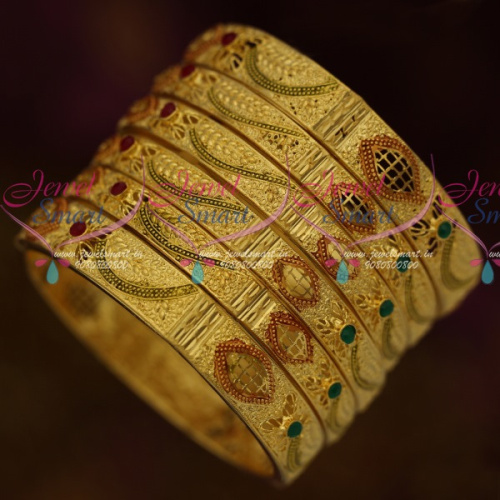 B11539 Latest Intricate Work 100 Mg Gold Forming 6 Pcs Set Bangles Bridal Imitation Collections Online