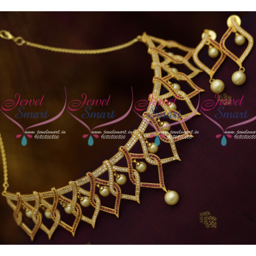 NL10709 Stylish Trendy Broad Choker Necklace Ruby White Pearl Link Design AD Jewellery Online