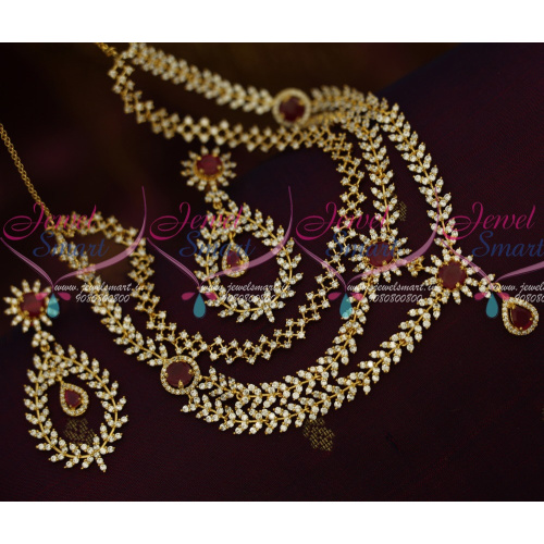 NL11633 CZ White Ruby Multi Strand Necklace Set Big Size Earrings Latest Fashion Jewellery Online