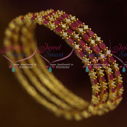 B11619 AD Stones Jewellery Ruby White 4 Pcs Set Thin Marquise Round Combined Design Bangles Shop Online
