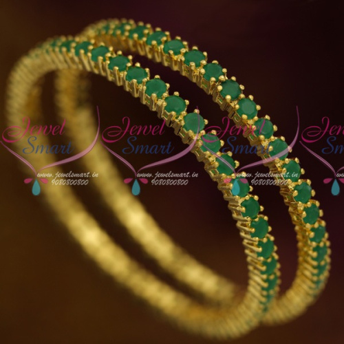 B11625 Single Line 4 MM Emerald Green Semi Precious Stones Traditional Bangles 2 Pcs Set Shop Online