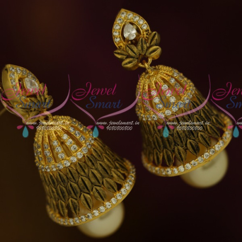 J11593 Antique Jewellery Matte Gold Plated AD White Stones Low Price Jhumka Earrings Shop Online