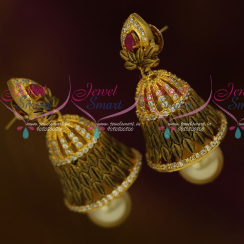 J11596 Red White Antique Jewellery Matte Gold Plated Stones Low Price Jhumka Earrings Shop Online