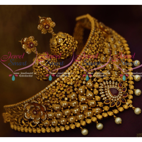 NL11749 Bridal Fashion Jewellery Matte Reddish Antique Gold Plated Broad Red White AD Kemp Collections 