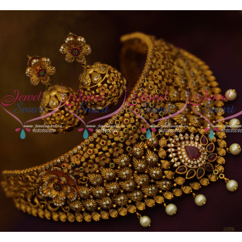 NL11750 Bridal Fashion Jewellery Matte Reddish Antique Gold Plated Broad Multi Colour AD Kemp Collections 