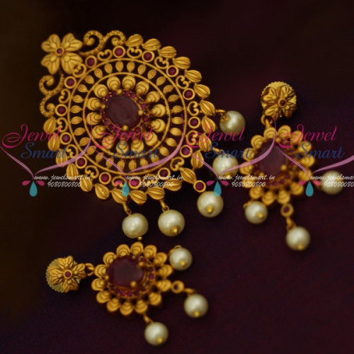 PS11690 Ruby AD Antique Matte Gold Fusion Pendant Set Latest Fashion Jewellery Designs Online