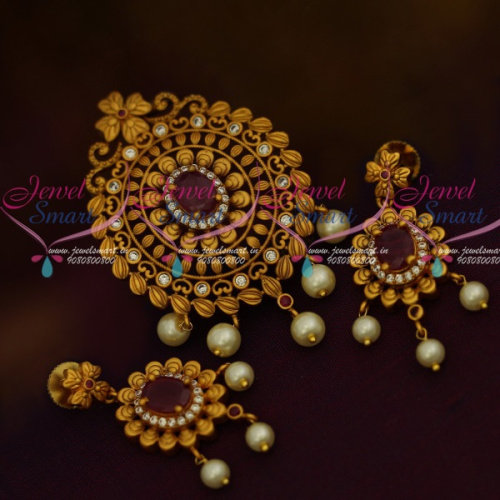 PS11643 AD Antique Matte Gold Fusion Pendant Set Ruby White Latest Fashion Jewellery Designs Online