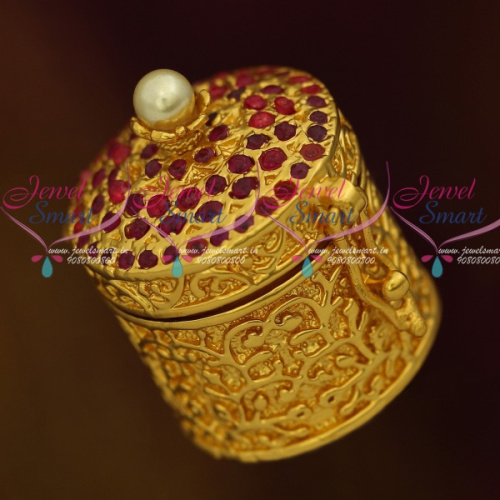 S11743 Ruby Stones Kunguma Chimil Sindoor Small Kum Kum Box Gold Plated Auspicious South Indian Traditional 