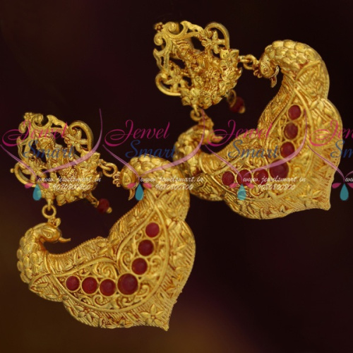 ER11609 Gheru Reddish Gold Plated Temple Laxmi God Design Big Earrings Shop Online