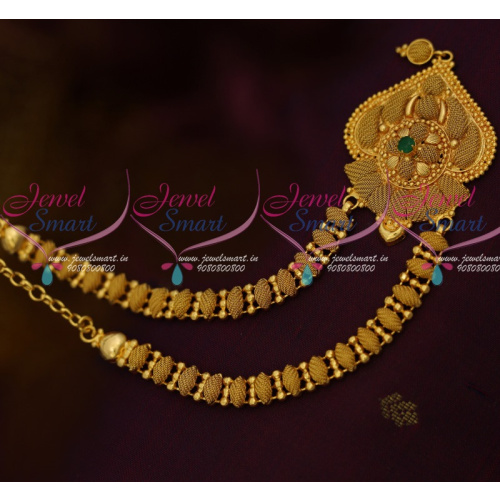 NL11685 South Indian Gold Covering Jewellery Fancy Single Emerald Stone Short Necklace Daily Wear Collections