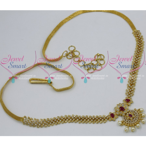 H11788 AD Ruby White Stones Fancy Chain Vaddanam Latest Fashion