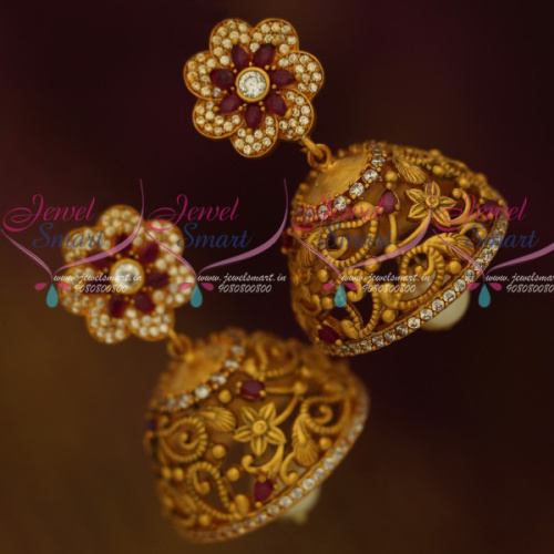 J11761 Floral Design Matte Gold Ruby White Designer Jewellery Latest Jhumka Earrings Shop Online