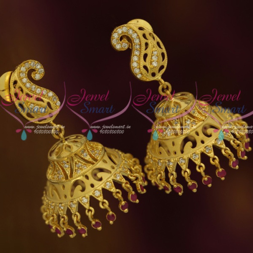 J11839 Forming Light Gold Matte Mango Ruby Drops Jhumka Earrings Real Look Imitation Jewellery Designs Online