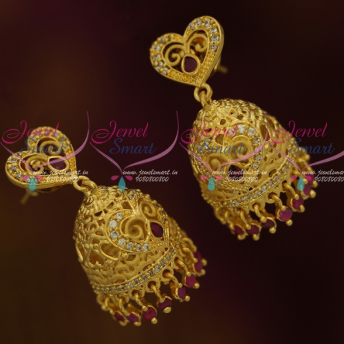 J11847 Heart Shaped Tops Light Matte Gold Jhumka AD Fashion Jewellery Real Look Designs Shop Online