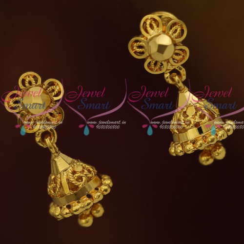 J11875 Daily Wear Jewellery Mini Size Jhumka Screwback Latest Plain Gold Casting Floral Design 