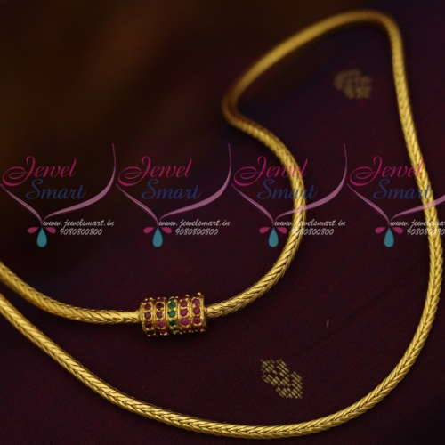 C11797 Smooth Roll Kodi Chain Ruby Emerald Mugappu 3 MM 24 Inches Gold Plated Jewellery Designs Online