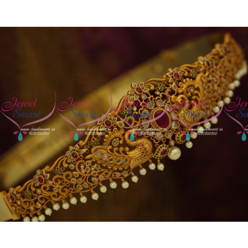 H11751 Peacock Matte Antique Reddish Gold Kemp AD Oddiyanam Latest Fashion Bridal Jewellery Online