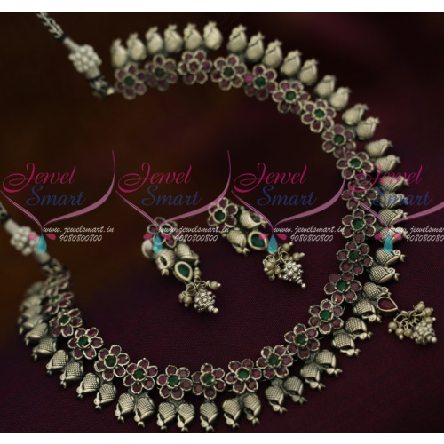 NL11889 Antique Silver Plated Mango AD Short Necklace Latest Trendy Jewellery Collections Online