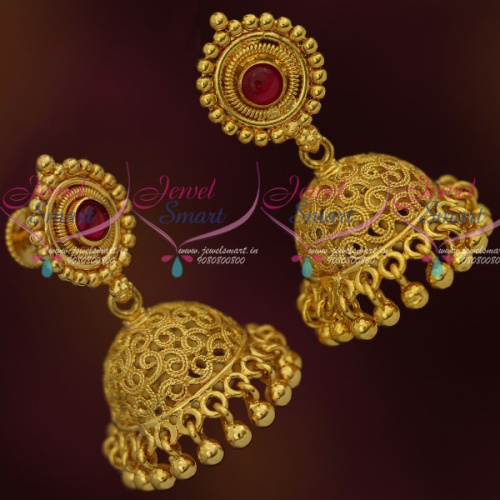J11878 Kemp Stone Fancy Gold Covering Jhumka Earrings Latest South Indian Fashion Jewellery Online