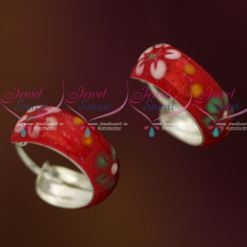 ER12106 Red Enamel Floral Painting Silver Jewellery Bali Earrings Shop Online Daily Wear Collections