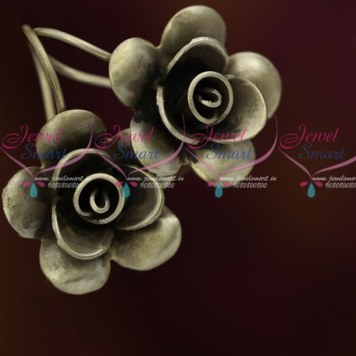 ER11985 92.5 Silver Oxidised Jewellery Rose Flower Design Hook Hanging Earrings Shop Online Fancy 