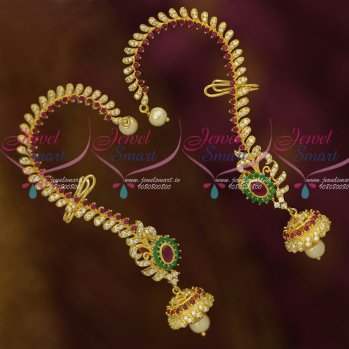 J12054  AD Ruby Green White Long Bluetooth Fashion Jhumka Earrings Clip Support Shop Online