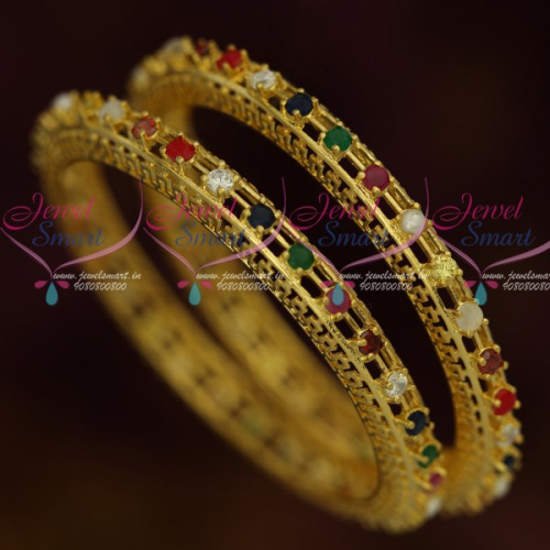 B12040 AD Navratna Multi Colour Stone Bangles Gold Plated Jewellery Designs Online