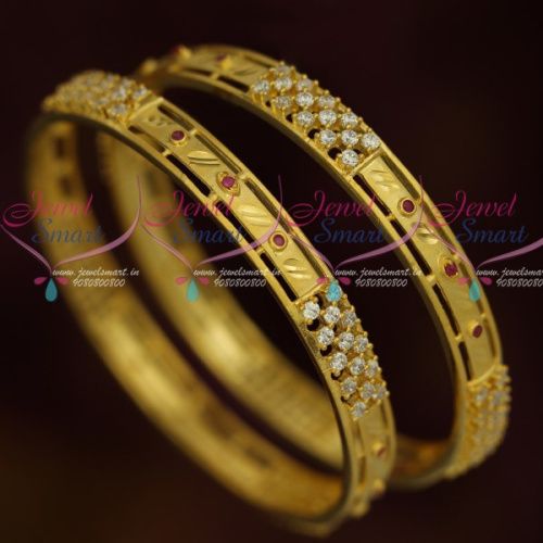 B12041 Ruby White AD Stones Flat Design Trendy Imitation Bangles Collections Shop Online