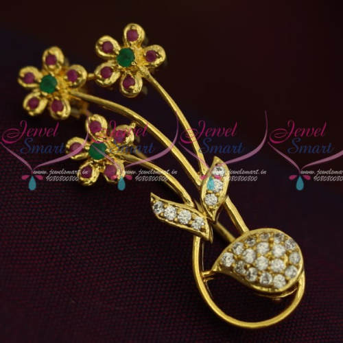 SP11936 Flower Bunch Design Ruby Emerald Fashion Jewellery Saree Pin Collections Shop Online