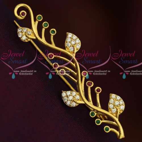 SP11940 Leaf Design AD Multi Colour Stones Fashion Jewellery Saree Pin Collections Shop Online