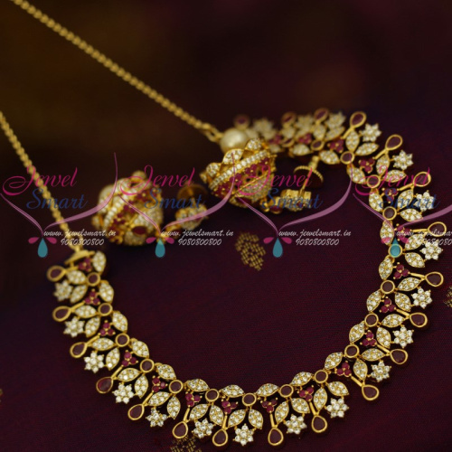 NL12031 Ruby White Linked Short Necklace Jhumka AD Imitation Jewellery Designs Shop Online
