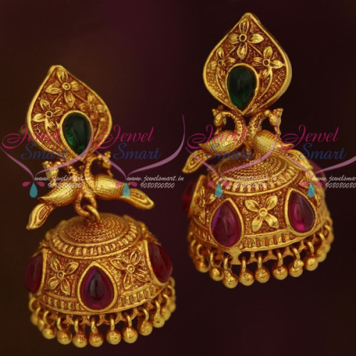 J12023 Peacock Design Gheru Reddish Plated Kemp Jhumka Latest South Indian Jewellery Online