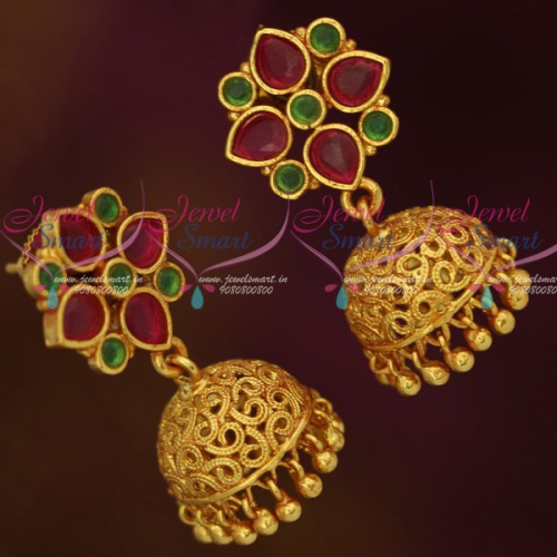 J12024 Ruby Emerald Round Tops Jhumka Small Size Earrings Fashion Jewellery Designs Online