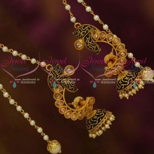 J12056 Black Enamel Matte Finish Kashmiri Style Jhumka Earrings Pearl Chain Shop Online
