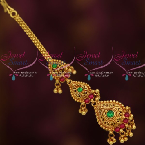 T12067 Reddish Antique Kemp Maang Tikka 3 Step Pendants Bridal Fashion Jewellery Designs Online