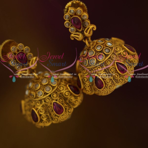 J12053 Floral Design Reddish Matte Gold Kemp Designer Jewellery Latest Jhumka Earrings Shop Online