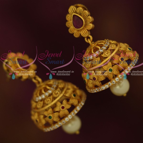 J11955 Floral Design Matte Gold AD Designer Jewellery Latest Jhumka Earrings Shop Online