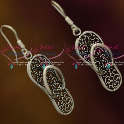 ER11983 92.5 Silver Oxidised Jewellery Footwear Chappal Design Hook Hanging Earrings Shop Online Fancy 