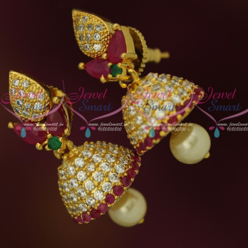 J12136 Small Size AD Jhumka Ruby Green White Stones Fashion Jewellery Shop Online