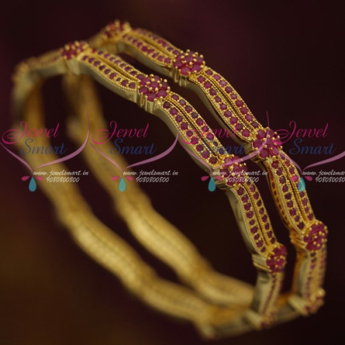 B12263 AD Jewellery Ruby Stones Floral Neli Curve Design Bangles Latest Fashion Shop Online