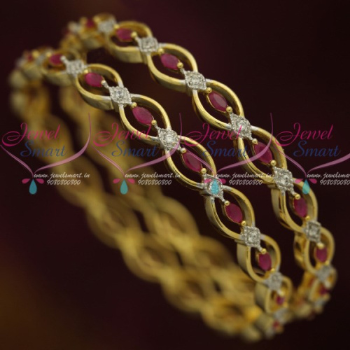 B12264 AD Ruby White Oval Design Two Tone Plated Bangles Imitation Jewellery Shop Online