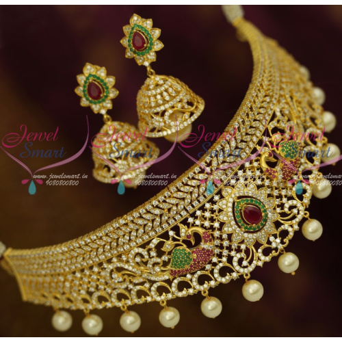 NL12219 American Diamond Dazzling Jewellery Broad Choker Necklace Jhumka Earrings Latest Designs Online