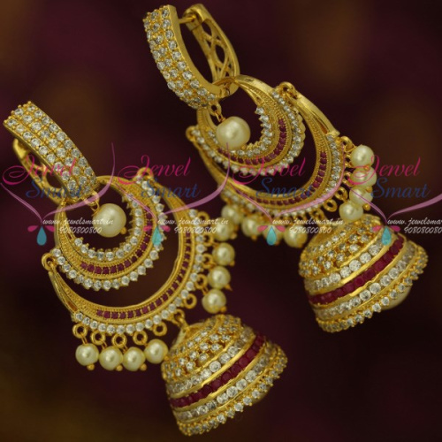 J12275 Ruby White Big Size Bali Stud Double Step Jhumka Drops Latest Party Wear Jewellery