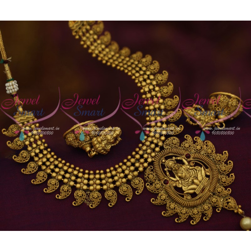 NL12152 Antique Blackish Matte Finish Temple Necklace Jhumka Earrings Matching Jewellery