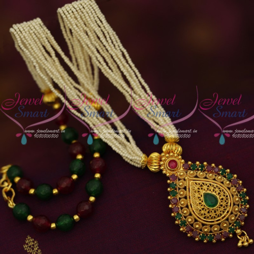 NL12174 Multi Strand Hand Beaded Small Pearl Mala Red Green Colour Gold Plated Pendant Online